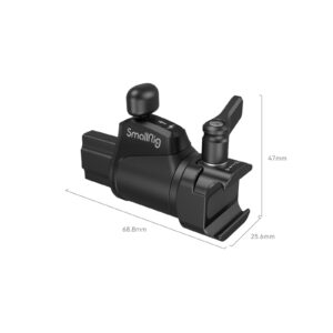 1706272454_051 SmallRig 4112 Universal Rotating Handle Adapter, musta kameran lisävaruste, jossa on säätönupit, on kooltaan 68,8 mm x 25,6 mm x 47 mm, ja se on kuvassa kulmassa valkoisella pohjalla.
