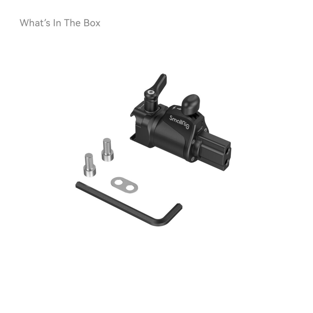 1706272457_620 Musta SmallRig 4112 Universal Rotating Handle Adapter, jossa on vipu, kaksi metalliruuvia, pieni metallilevy ja L-muotoinen kuusiokoloavain valkoisella pohjalla. "Mitä laatikossa on" näkyy vasemmassa yläkulmassa.