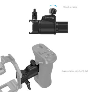 1706272459_061 SmallRig 4112 Universal Rotating Handle Adapter on kuvassa kiinnitettynä kamerahäkkiin ja NATO-kiskolla varustettuun levyyn. Yllä olevassa kuvassa korostuu nuppi, jota käytetään adapterin lukituksen avaamiseen ja kääntämiseen.
