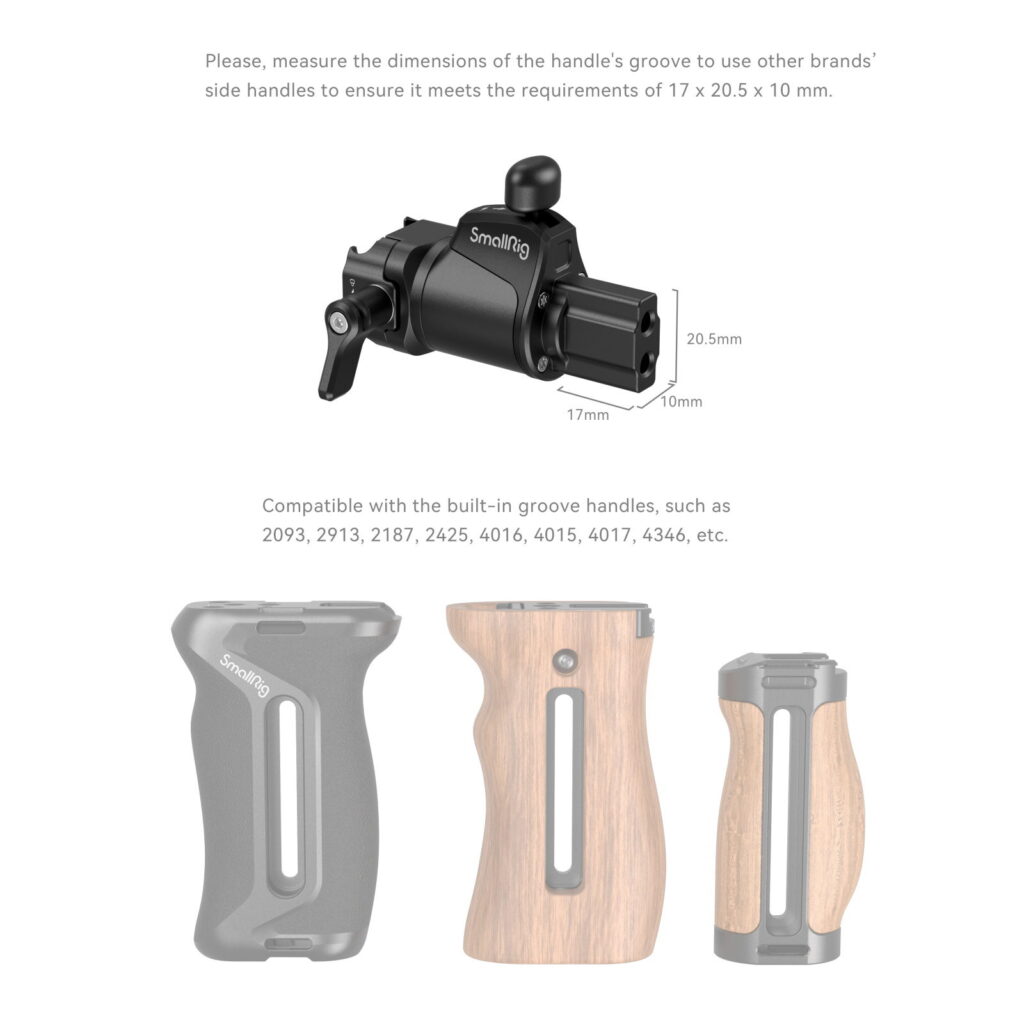 1706272461_249 Kaavio, jossa on SmallRig 4112 Universal Rotating Handle Adapter, jonka mitat on merkitty (17 x 20,5 x 10 mm), sekä kolme yhteensopivaa kahvaa eri materiaaleista ja tyyleistä, jotka on esitetty alla.