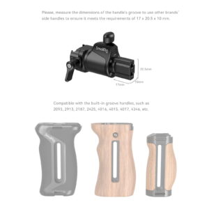 1706272461_249 Kaavio, jossa on SmallRig 4112 Universal Rotating Handle Adapter, jonka mitat on merkitty (17 x 20,5 x 10 mm), sekä kolme yhteensopivaa kahvaa eri materiaaleista ja tyyleistä, jotka on esitetty alla.