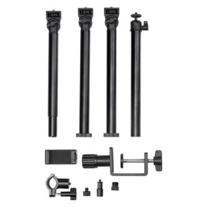 1706284787_354 SmallRig 4456 Live Desktop Camera Bracket DT 50 -pakkaus, joka sisältää neljä mustaa metallitankoa, kiinnittimen, säädettävän puhelimen pidikkeen ja erilaisia kiinnitystarvikkeita, on siististi järjestetty valkoiselle taustalle.