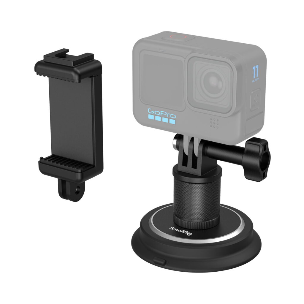 1706284996_037 SmallRig 4347 Suction cup mount for action cameras, pictured in black, with round suction base and adjustable arm, is pictured with a removable phone cradle and GoPro camera mounted on it.