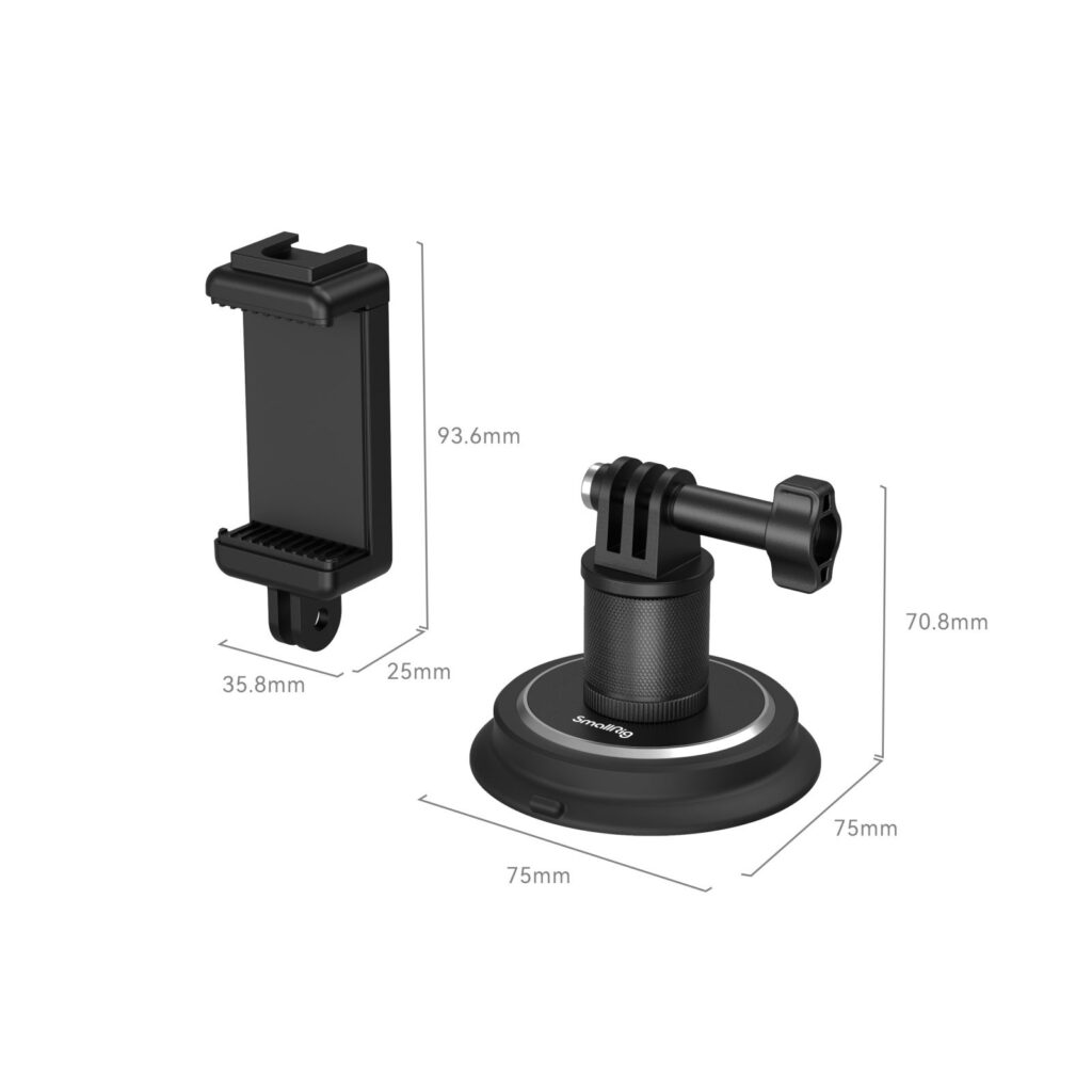 1706284999_289 The SmallRig 4347 suction cup mount for action cameras includes a black phone holder (93.6 mm high, 35.8 mm wide, 25 mm deep) and a stand with adjustable arm (70.8 mm high, 75 mm diameter).