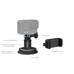 1706285006_183 SmallRig 4347 suction cup mount for action cameras with GoPro - marked diagram showing: action camera mount, tilt knob, smartphone mount, anti-flex rotating module, magnetic silicone suction cup and release tabs.