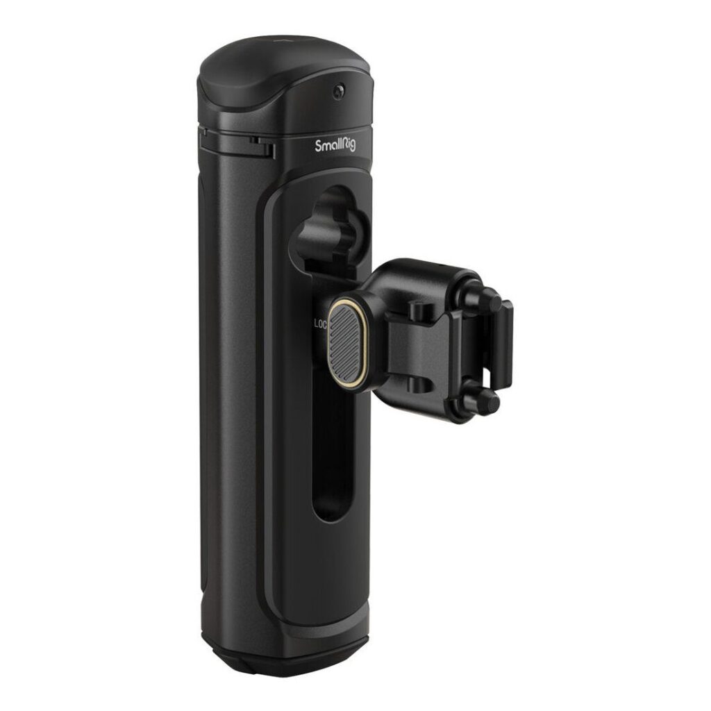 1706532646_702 SmallRig 4402 Wireless Control & Quick Release Side Handle on musta, sylinterinmuotoinen kameran lisävaruste, jossa on sivulle asennettu säädettävä kiinnitin ja kuvioitu valitsin, jolla voit pitää tai kiinnittää laitteet turvallisesti.