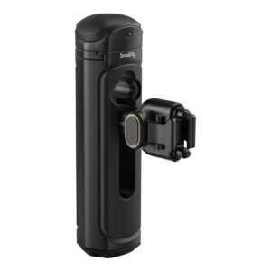 1706532646_702 SmallRig 4402 Wireless Control & Quick Release Side Handle on musta, sylinterinmuotoinen kameran lisävaruste, jossa on sivulle asennettu säädettävä kiinnitin ja kuvioitu valitsin, jolla voit pitää tai kiinnittää laitteet turvallisesti.