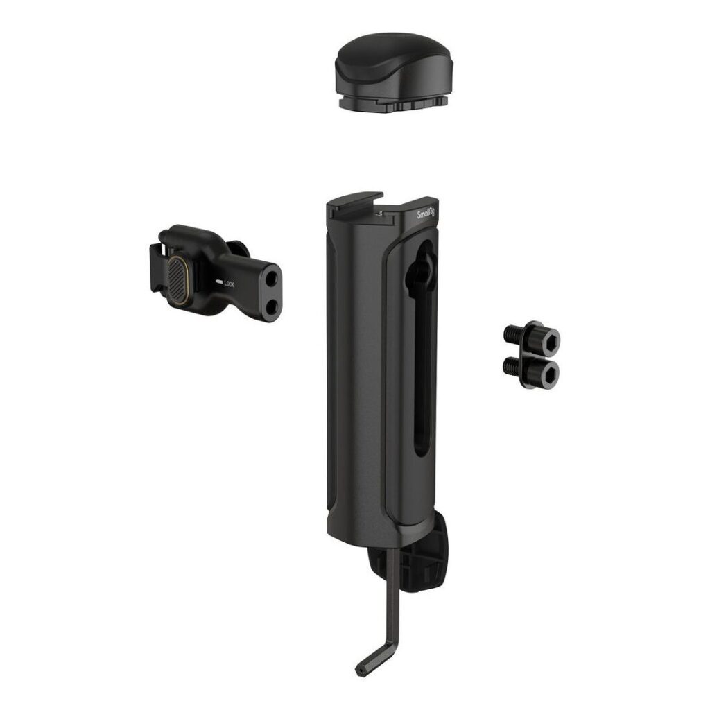 1706532649_921 SmallRig 4402 Wireless Control & Quick Release Side Handle -laitteen räjähdysnäkymä, jossa näkyy sen musta lieriön muotoinen korkki, päärunko, kiinnityskannatin, ruuvit ja pieni kiinnike - kaikki eristettynä valkoisella taustalla.