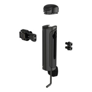 1706532649_921 SmallRig 4402 Wireless Control & Quick Release Side Handle -laitteen räjähdysnäkymä, jossa näkyy sen musta lieriön muotoinen korkki, päärunko, kiinnityskannatin, ruuvit ja pieni kiinnike - kaikki eristettynä valkoisella taustalla.