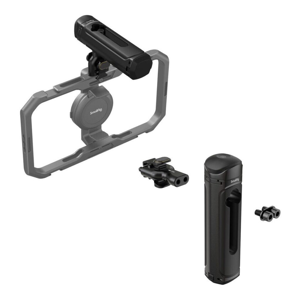 1706532650_376 SmallRig 4402 Wireless Control & Quick Release Side Handle, modulaarinen musta gimbal-stabilisaattorin kahva, jossa on kiinnitystarvikkeet ja suorakulmainen kehys, on kuvattu valkoisella pohjalla.