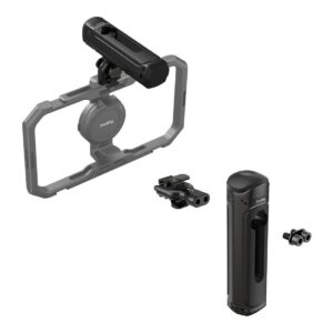 1706532650_376 SmallRig 4402 Wireless Control & Quick Release Side Handle, modulaarinen musta gimbal-stabilisaattorin kahva, jossa on kiinnitystarvikkeet ja suorakulmainen kehys, on kuvattu valkoisella pohjalla.