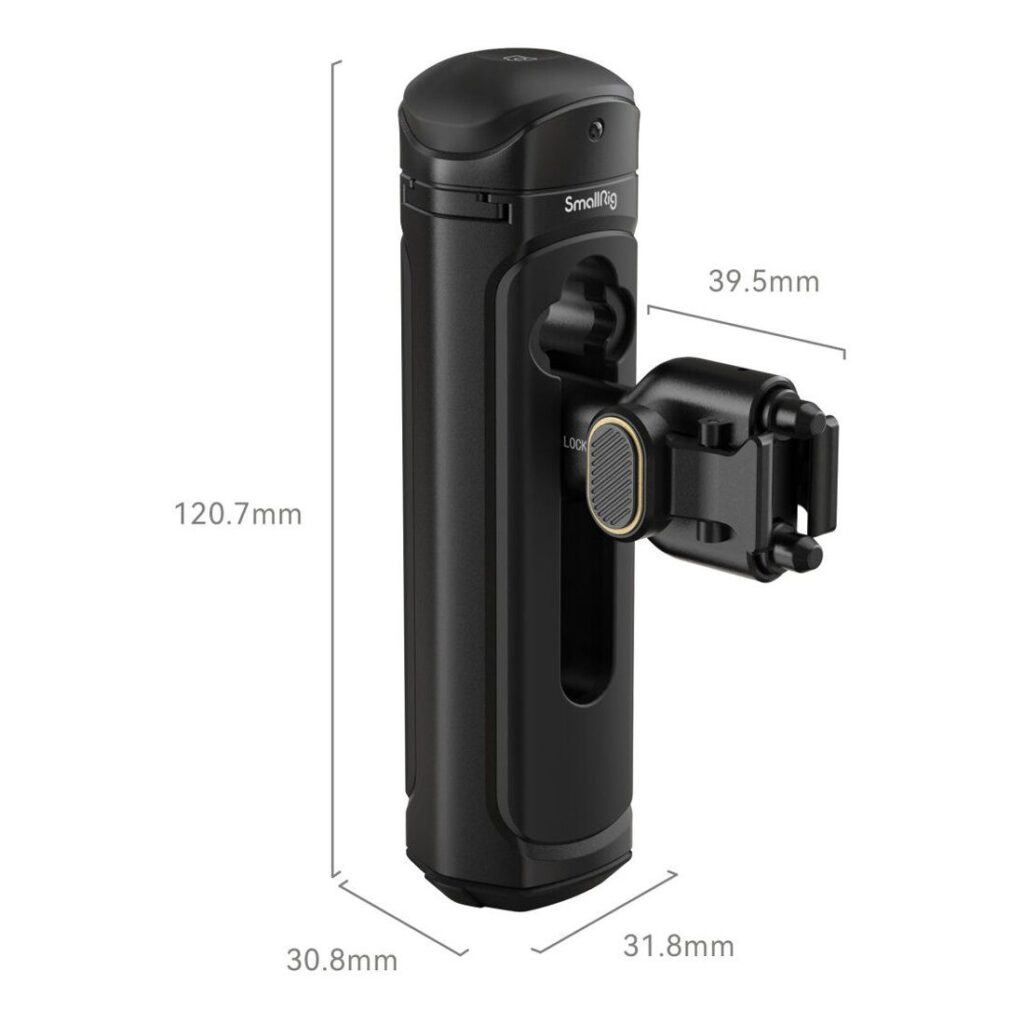 1706532652_841 SmallRig 4402 Wireless Control & Quick Release Side Handle, musta sylinterimäinen kameran lisävaruste, jossa on kiinnitetty kiinnike, on pystyssä. Mitat: korkeus 120,7 mm, leveys 30,8 mm, syvyys 31,8 mm; kiinnikkeen leveys on 39,5 mm.