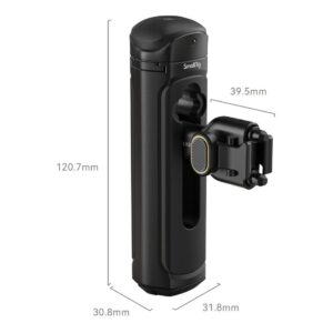 1706532652_841 SmallRig 4402 Wireless Control & Quick Release Side Handle, musta sylinterimäinen kameran lisävaruste, jossa on kiinnitetty kiinnike, on pystyssä. Mitat: korkeus 120,7 mm, leveys 30,8 mm, syvyys 31,8 mm; kiinnikkeen leveys on 39,5 mm.