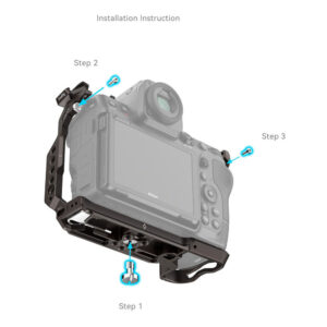 1707309457_831 Kiinnitä SmallRig 4316 Night Eagle Cage for Nikon Z 8 -laitteeseen seuraavasti: kiinnitä alaruuvi (vaihe 1), kiinnitä vasen yläruuvi (vaihe 2) ja kiristä oikea yläruuvi (vaihe 3) nuolten osoittamalla tavalla.
