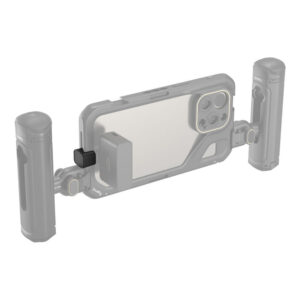 1707310897_110 A smartphone with two large cylindrical handles and a SmallRig 4406 Type C to Type C Audio Signal Adaptor near the camera area, designed for stable video recording or photography.