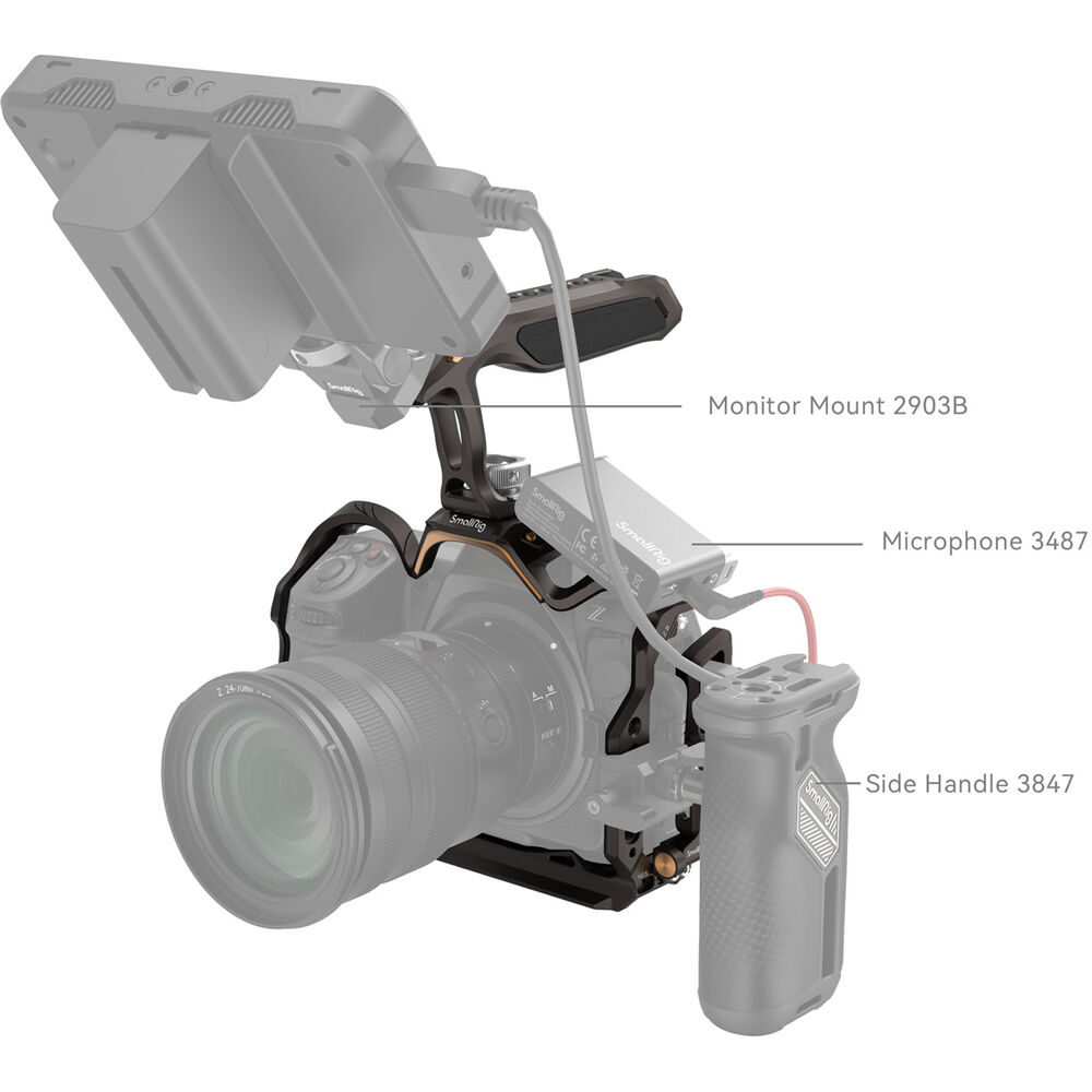 1707320817_305 Tekninen kuva SmallRig 4317 Night Eagle Cage Kit for Nikon Z 8 -valokuvasarjasta, kuvassa monitorin (Mount 2903B), mikrofonin (3487) ja sivukahvan (3847) kanssa. Jokainen lisävaruste on merkitty mallinumerollaan.