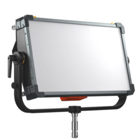 1707398695_668 The Godox KNOWLED P600R RGB Hard Panel Light features a rectangular LED panel with a black bezel mounted on a U-shaped base and a silver base adapter, isolated on a white background.
