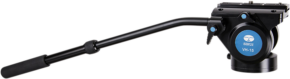 800q-01_101789 Black Sirui VH-15 video head with long panoramic handle and blue accents, designed for smooth camera movement on a tripod.