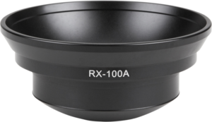 Mustaa metallia oleva Sirui RX-100A -sovitinkulho näkyy valkoisella pohjalla, ja sen kyljessä on merkintä "RX-100A".