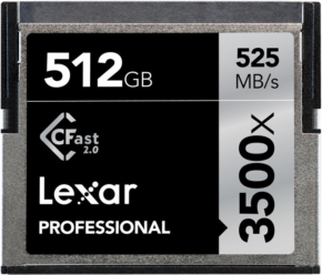 800q-01_105197 Lähikuva Lexar Professional 3500X Pro Cfast 512GB -muistikortista, jossa näkyy sen musta-hopea muotoilu, 525MB/s nopeus, CFast 2.0 -tuki ja 3500x-luokitus.