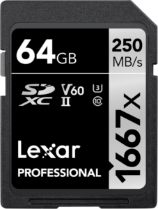 The Lexar Pro 1667x U3 V60 UHS-II SDXC memory card with a capacity of 64 GB and a read speed of up to 250 MB/s and write speed of up to 120 MB/s comes with a black and silver label.