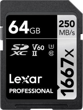 800q-01_111206 Lexar Pro 1667x U3 V60 UHS-II SDXC -muistikortti, jonka kapasiteetti on 64 Gt ja jonka lukunopeus on jopa 250 MB/s ja kirjoitusnopeus 120 MB/s, on varustettu mustalla ja hopeisella etiketillä.