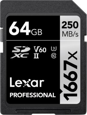 800q-01_111206 Lexar Pro 1667x U3 V60 UHS-II SDXC -muistikortti, jonka kapasiteetti on 64 Gt ja jonka lukunopeus on jopa 250 MB/s ja kirjoitusnopeus 120 MB/s, on varustettu mustalla ja hopeisella etiketillä.