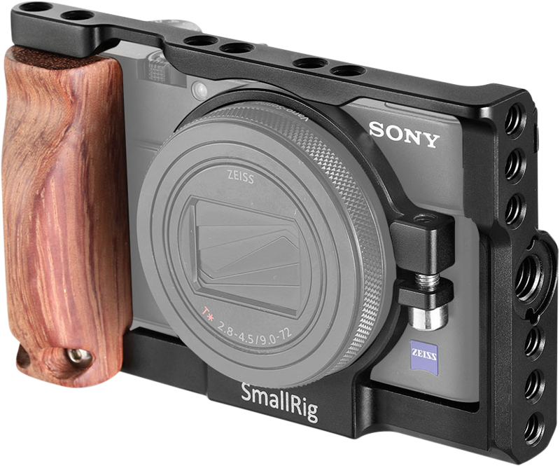 800q-01_113186 Sony RX100 VI -kamera mustassa SmallRig 2225 Cage Kitissä, jossa on kuvioitu puinen vasemmanpuoleinen kahva parempaa käsittelyä ja lisävarusteiden kiinnitystä varten.