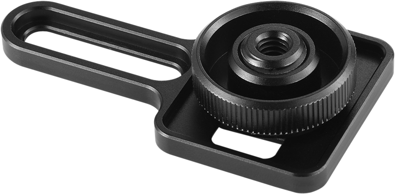 800q-01_113194 SmallRig 2241 Hot Shoe Lock for Sony A7RIII/A7III/A7II/A7RII/A7SII/A9 on musta metallinen kiinnityslevy, jossa on nuppi ja pitkulainen aukko ja joka on suunniteltu kameroiden tai lisävarusteiden kiinnittämiseen jalustoihin tai jalustoihin.