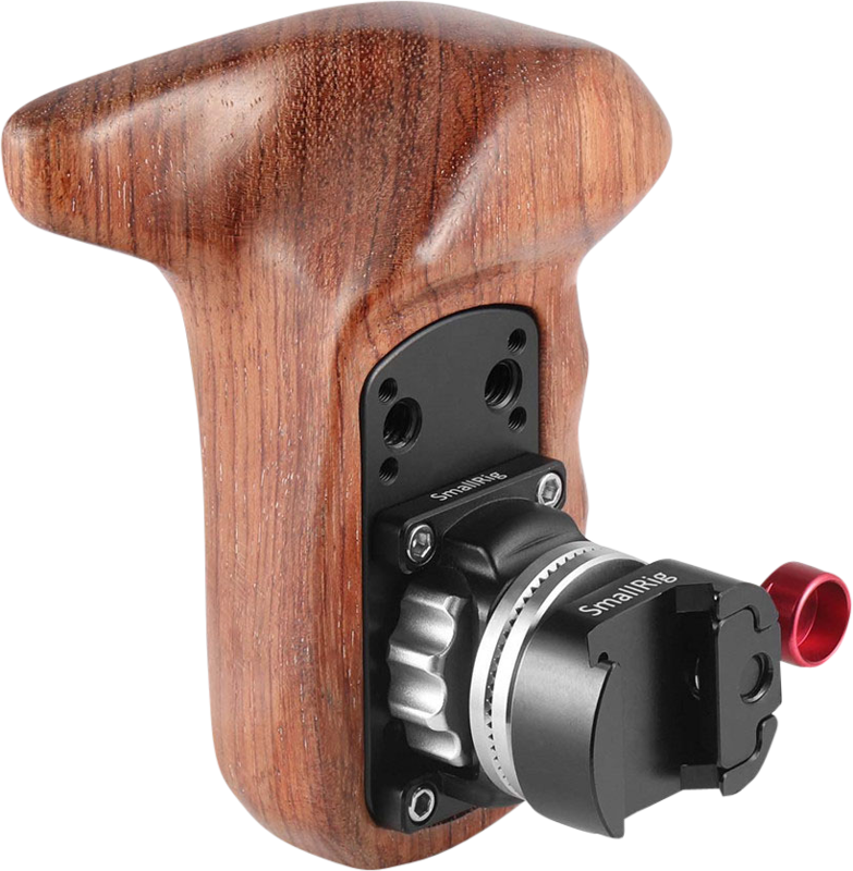 800q-01_113245 SmallRig 2118 Left Side Wooden Grip w/NATO Mount sisältää puukahvan, metallisen kiinnitystelineen, säätönupin ja punaisen korostusvivun, jossa on "SmallRig" -merkki.