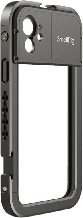 SmallRig 2773 Pro Mobile Cage iPhone 11:lle (17 mm:n objektiivi) on musta, avokehyksinen metallihäkki, jossa on useita kiinnityspisteitä, ohjauspainikkeita ja ergonominen ote parempaan mobiilivideo- ja valokuvaukseen.