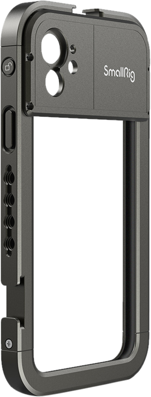 800q-01_114150 SmallRig 2773 Pro Mobile Cage iPhone 11:lle (17 mm:n objektiivi) on musta, avokehyksinen metallihäkki, jossa on useita kiinnityspisteitä, ohjauspainikkeita ja ergonominen ote parempaan mobiilivideo- ja valokuvaukseen.