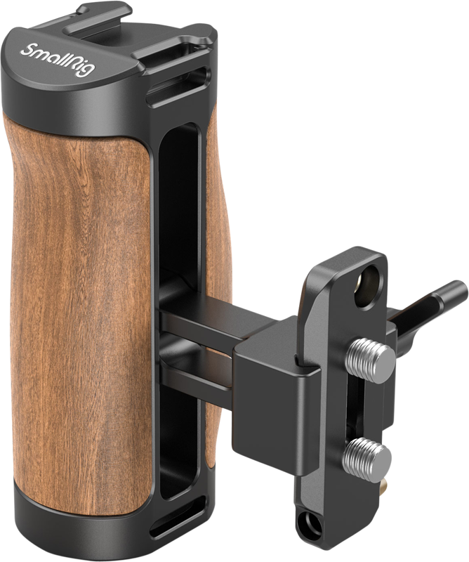 800q-01_114605 SmallRig 2978 Wooden Side Handle Nato (With Rail) on puusta ja metallista valmistettu kamerakahva, jossa on kiinnityskorvakkeet ja säätönupit ja joka on suunniteltu kiinnitettäväksi helposti kamerarigiin ja kamerahäkkiin NATO-kiskon avulla.