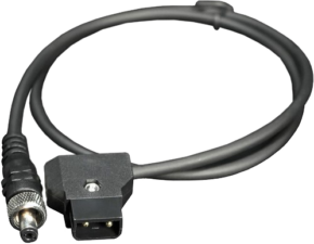 Hollyland's D-tap to DC 2.1mm power cable, which is black and coiled with a light-coloured background, has a DC plug at one end and a 2-pin rectangular plug at the other.