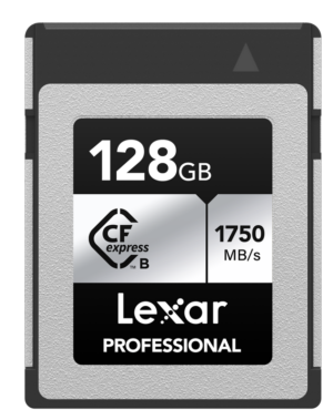 800q-01_116943 Lexar CFexpress Pro Silver Serie R1750/W1300 128GB -muistikortti tarjoaa 128GB kapasiteettia, jopa 1750 MB/s lukunopeuden ja tyylikkään hopean ja mustan muotoilun.