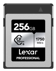 Lexar CFexpress Pro Silver Serie R1750/W1300 256GB -muistikortti näkyy valkoisella pohjalla, ja siinä on 256GB tallennustilaa ja jopa 1750 MB/s lukunopeus.