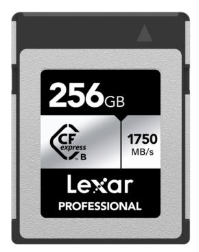 800q-01_116944 Lexar CFexpress Pro Silver Serie R1750/W1300 256GB -muistikortti näkyy valkoisella pohjalla, ja siinä on 256GB tallennustilaa ja jopa 1750 MB/s lukunopeus.