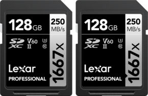 Two Lexar Pro 1667x U3 V60 UHS-II R250/W120 128GB memory cards (2-pack) are displayed side by side, each with black and silver labels with their specifications.