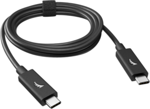 800q-01_117736 ANGELBIRD USB 3.2 -kaapeli C-C - 100cm on musta USB-C:stä USB-C:hen kierretty kaapeli, jossa on lintujen siipien logo kummassakin liittimessä, ja siinä on tarranauha organisointia varten.
