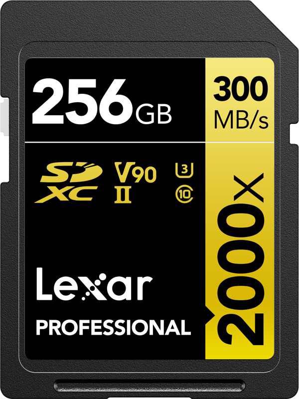 Lexar Pro 2000X SDHC/SDXC SDHC/SDXC UHS-II U3 (V90) R300/W260 256GB -muistikortti on varustettu rohkealla keltaisella ja mustalla muotoilulla, 256GB kapasiteetilla, jopa 300MB/s luku- ja 260MB/s kirjoitusnopeudella, SDXC, V90, UHS-II, U3 ja Class 10 -tuella.