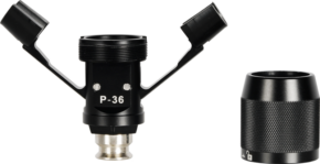 The Sirui P-36 Adapter for Monopod/feet is a black metal adapter with two upward-facing arms, marked "P-36", and a separate cylindrical, textured black cap with a light-coloured background.