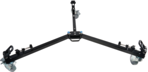 The Sirui DT-06 Tripod Slider Dolly is a black, three-armed dolly with large wheels and adjustable clamps for attaching the tripod legs, shown in white.