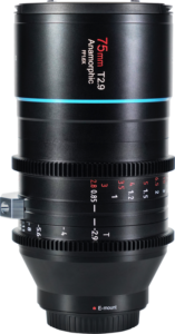 800q-01_119106 Sirui Anamorphic Lens Venus 1.6x FF 75mm T2.9 E-Mount -objektiivissa on tarkennus- ja aukkorenkaat, sininen korostusraita ja E-mount-liitin pohjassa ammattimaiseen valokuvaukseen ja videokuvaukseen.