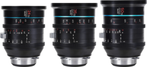 800q-01_119754 SIrui Cine Lens Kit Jupiter FF sisältää 24mm, 35mm ja 50mm T2 Macro PL-Mount -elokuvateatterilinssit, joissa jokaisessa on aukon ja tarkennuksen merkinnät rungossaan ja jotka on sijoitettu vierekkäin valkoista taustaa vasten.