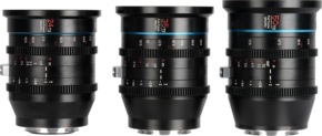 800q-01_119755 Sirui Cine Lens Kit Jupiter FF 24/35/50 mm T2 Macro EF-Mount -objektiivisarja sisältää kolme mustaa elokuvaobjektiivia - 24 mm, 35 mm ja 50 mm - jotka on esitetty pystysuoraan aukko-/tarkennusmerkinnöillä ja metallisilla kiinnikkeillä.