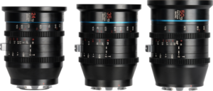 800q-01_119755 Sirui Cine Lens Kit Jupiter FF 24/35/50 mm T2 Macro EF-Mount -objektiivisarja sisältää kolme mustaa elokuvaobjektiivia - 24 mm, 35 mm ja 50 mm - jotka on esitetty pystysuoraan aukko-/tarkennusmerkinnöillä ja metallisilla kiinnikkeillä.