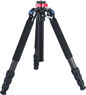 800q-01_120792 The Sirui R-4214E carbon fibre tripod is a black camera tripod with adjustable feet, foam handles, screw locks and red accent near the mount, shown on a light grey background.