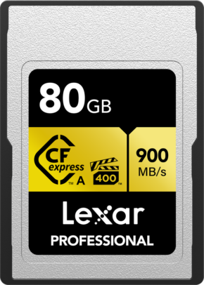 800q-01_120865 Lexar CFexpress Pro Gold R900/W800 VPG400 Type-A 80GB -muistikortti tarjoaa jopa 900 MB/s nopeuden, ja sen keltainen ja musta muotoilu näyttää tuotemerkin ja tekniset tiedot.