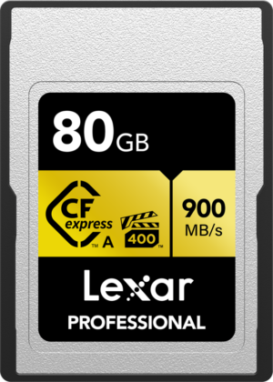Lexar CFexpress Pro Gold R900/W800 VPG400 Type-A 80GB -muistikortti tarjoaa jopa 900 MB/s nopeuden, ja sen keltainen ja musta muotoilu näyttää tuotemerkin ja tekniset tiedot.