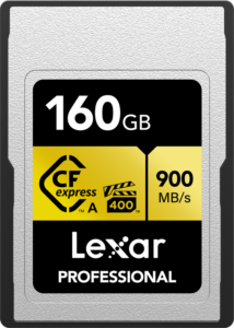 800q-01_120866 Lexar CFexpress Pro Gold R900/W800 VPG400 Type-A 160GB -muistikortti tarjoaa 900 MB/s nopeuden ja on mustan, keltaisen ja hopean värinen.